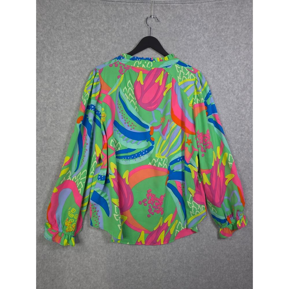 Michelle McDowell Colorful Floral Popover Puff Sleeve Top Sz L Green Office Bold - Picture 8 of 16